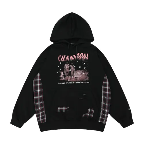 Sides Stitching Plaid Hole Hoodie