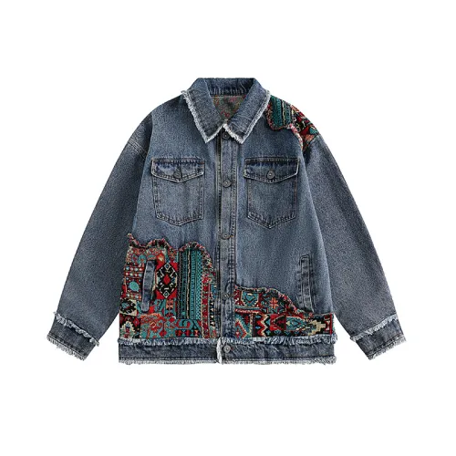 Contrasting Ethnic Style Patchwork Frayed Denim Jacket