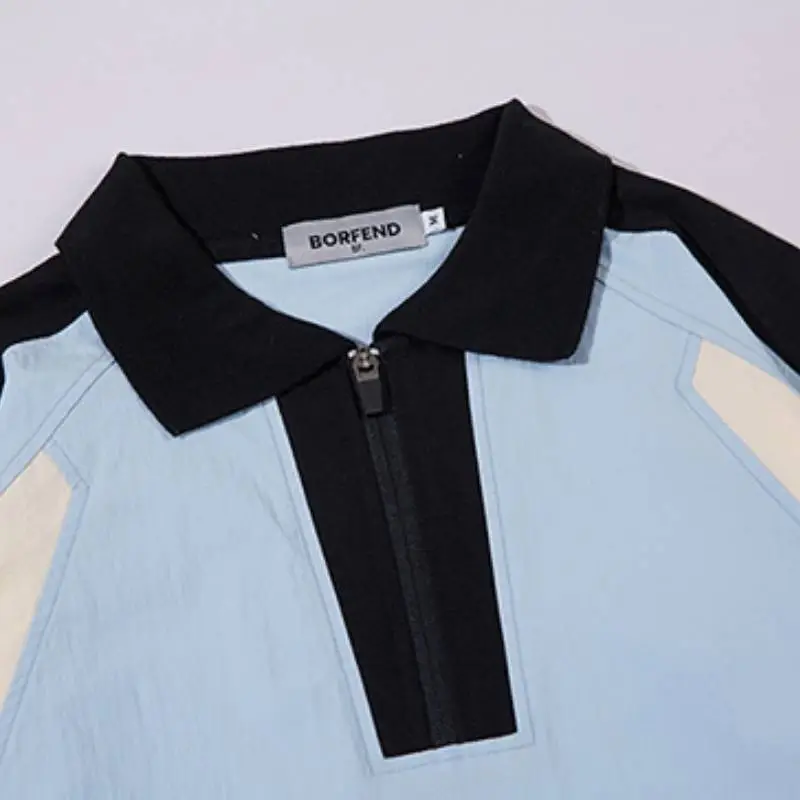 Design Sense Lapel New Stitching Color Contrast T Shirt Top-4