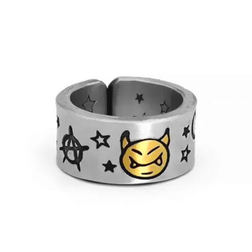 Golden Devil Smiley Face Ring Opening Fashion Personalized Thai Silver Distressed Star Ring Vintage Ring Jewelry