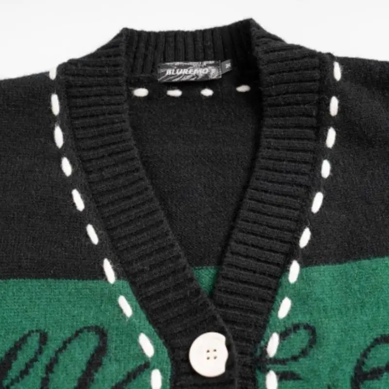 High Street Open Line Rope Color Matching Single breasted V neck Loose Trendy Brand Sweater-4