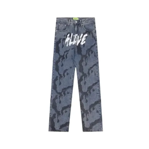 Loose Full Print Flame Jeans