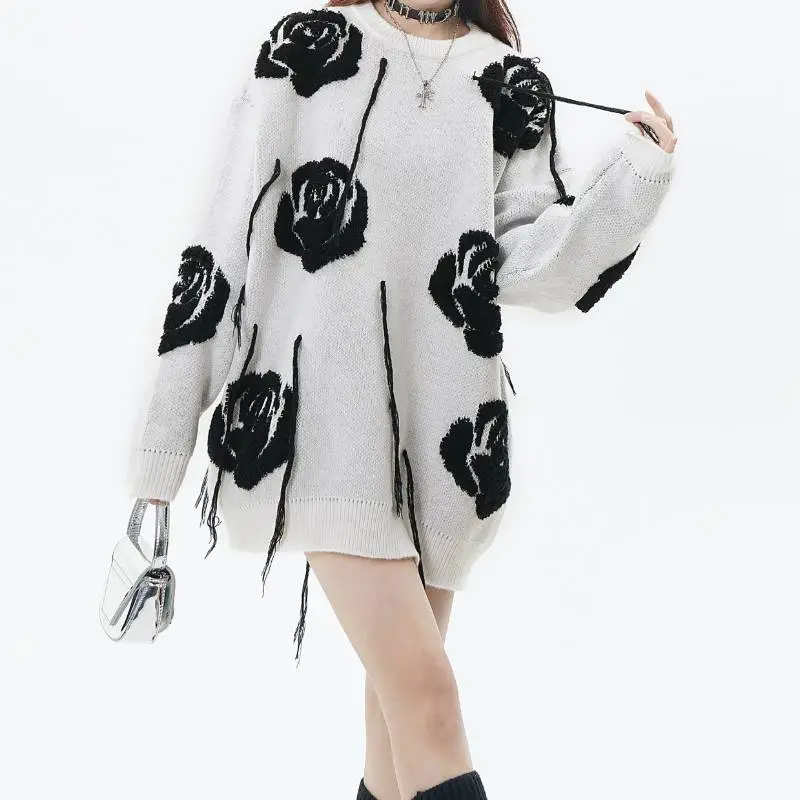 Lazy Style Chic Design Rose Tassel Long Sleeve Retro Knitted Wool Sweater-7