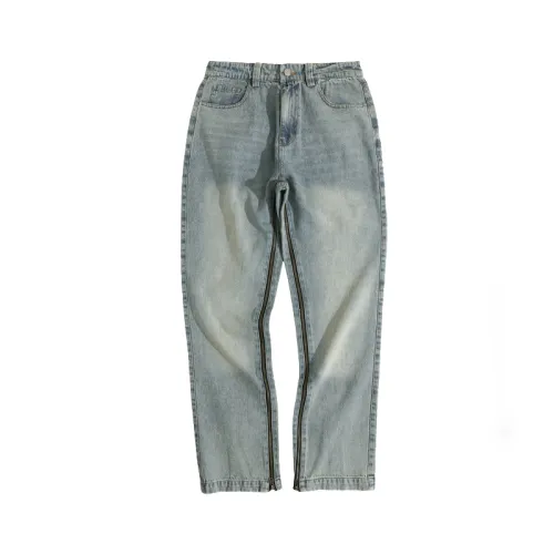 Vintage Wash Jeans Straight Pants With Zipper Decoration