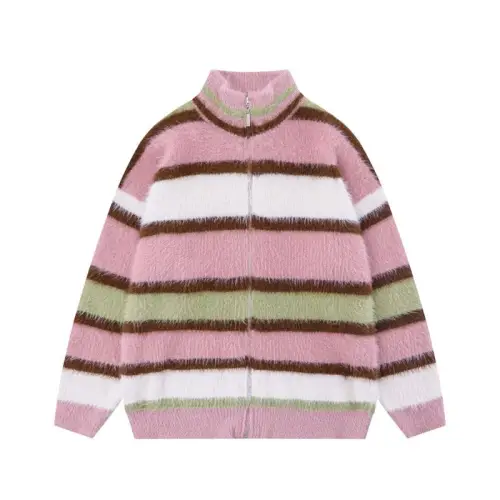 High Street Collisional Stripe Jacquard Fleece Zippered Sweater