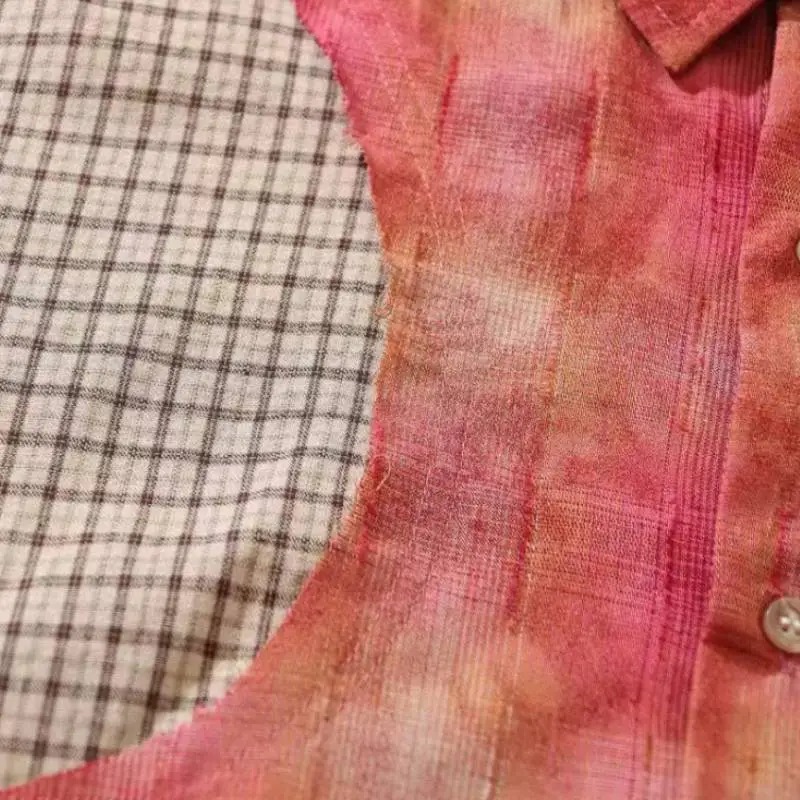 Retro Antique Plaid Tie Dye Stitching Embroidered Short Sleeved Shirt-3
