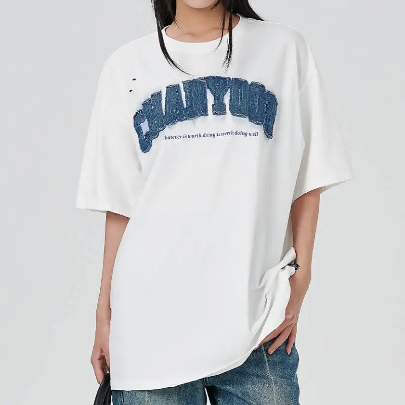 Hip Hop Embroidered Crewneck Short Sleeve Washed T shirt-2