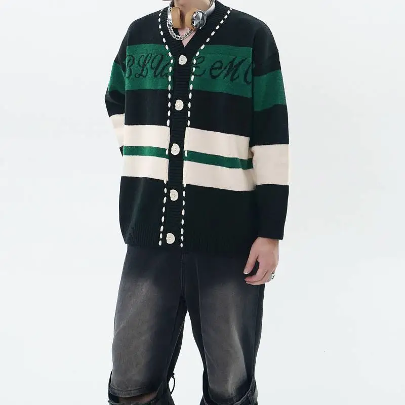High Street Open Line Rope Color Matching Single breasted V neck Loose Trendy Brand Sweater-2