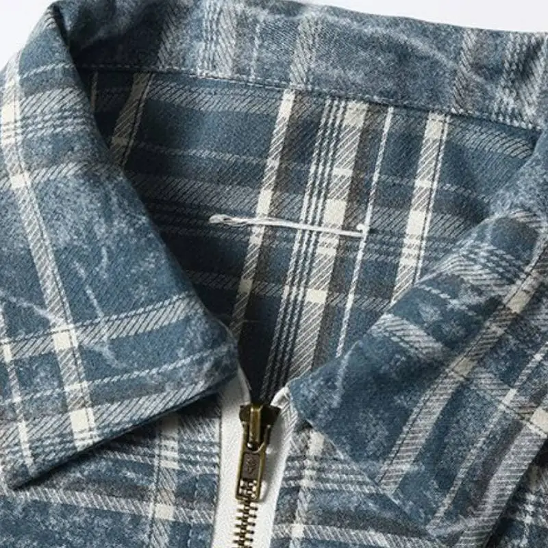 Tie Dyed Blue Plaid Short Sleeved Shirt-3