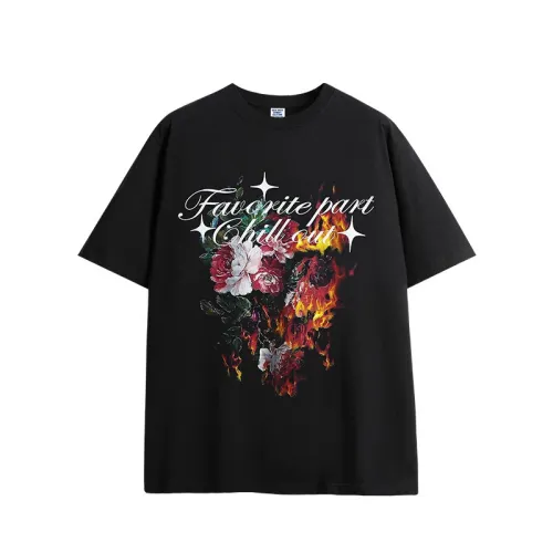 Flame Floral Print T-shirt Fashion Brand Relaxed-fit Casual Short Sleeve