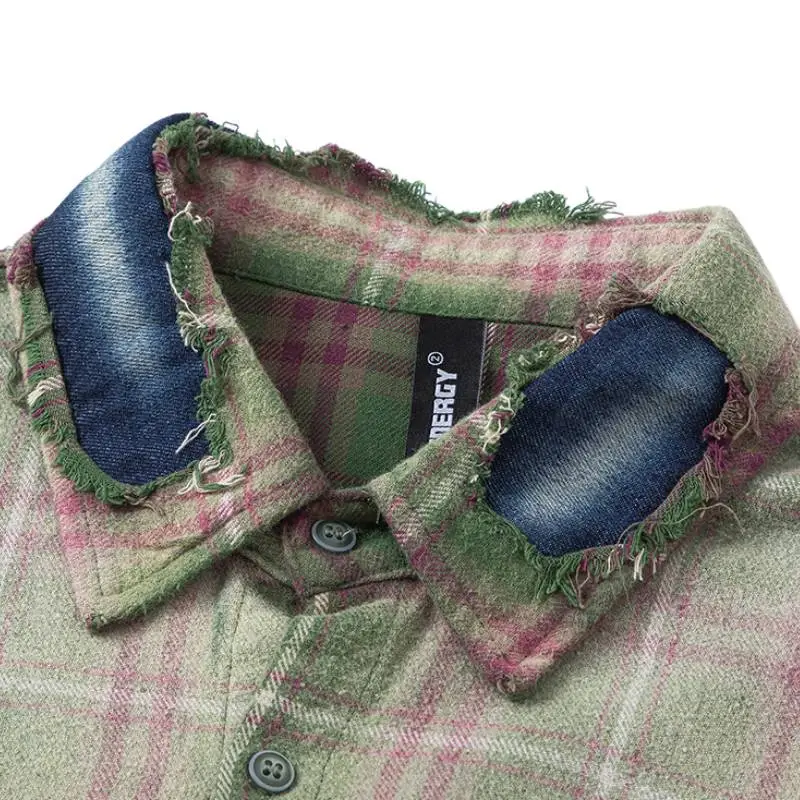 Vintage Hanging Dye Washed Hole Ancient Plaid Shirt-7
